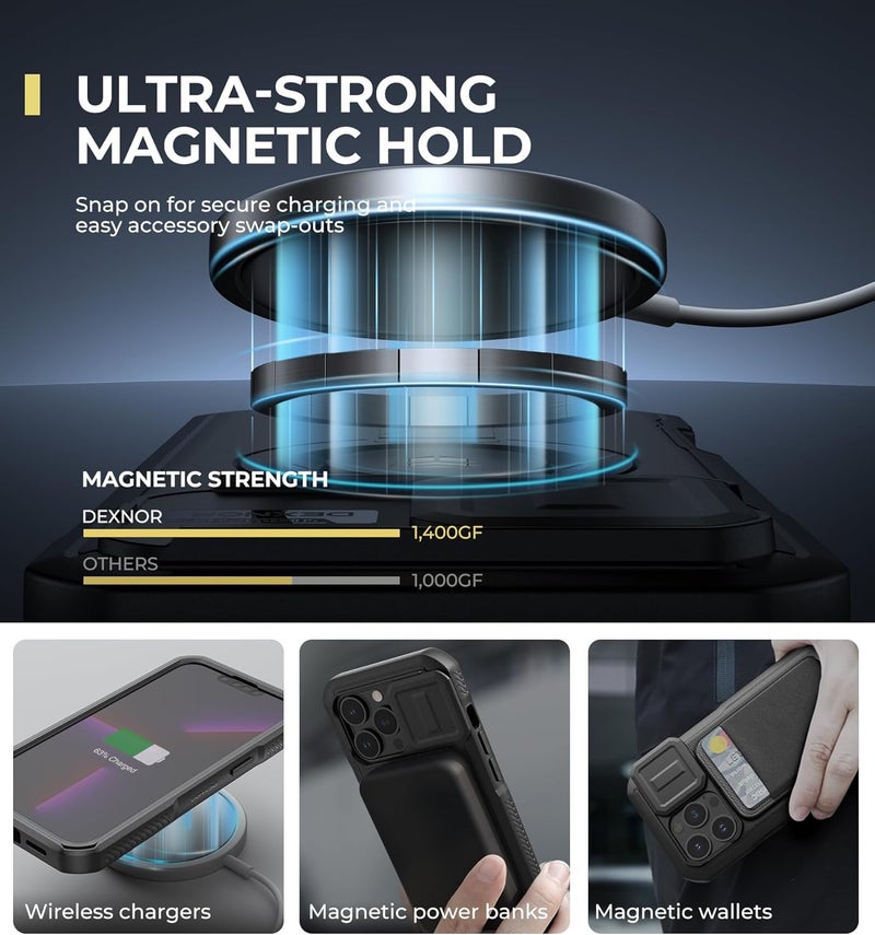 Dexnor for iPhone 13 Pro Case with Slide Camera Cover & Adjustable Kickstand & Built-in Screen Protector, Magnetic Rugged Shockproof Bumper Cases Heavy-Duty Magnetic Protective Cover,Black - Image 3